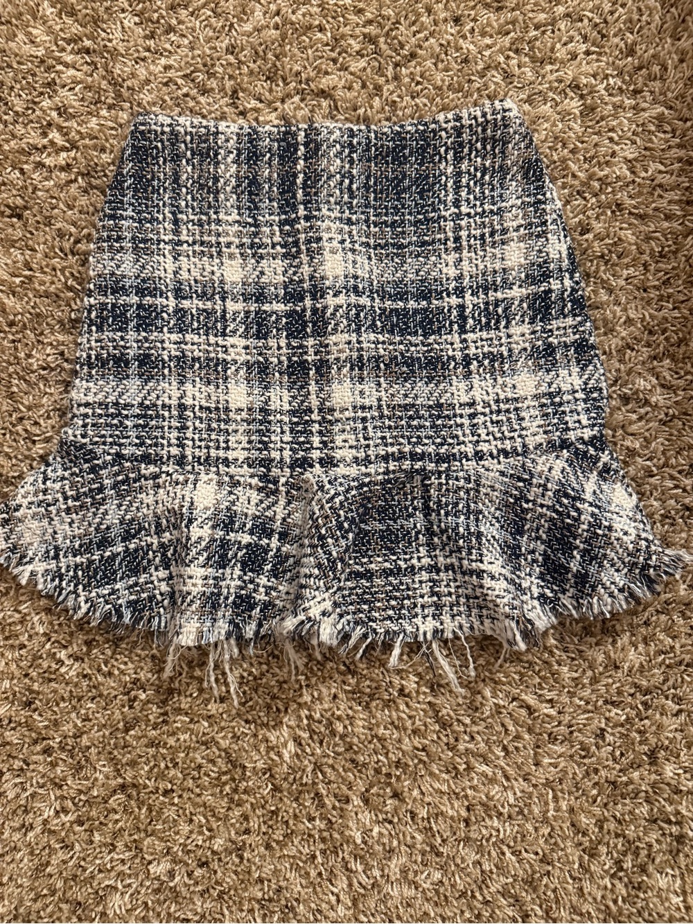 Express Navy and White Tweed Ruffle Mini Skirt